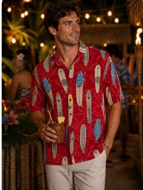 Tiki Palm Red Men's Surfboard Longboard Hawaiian Shirt XL